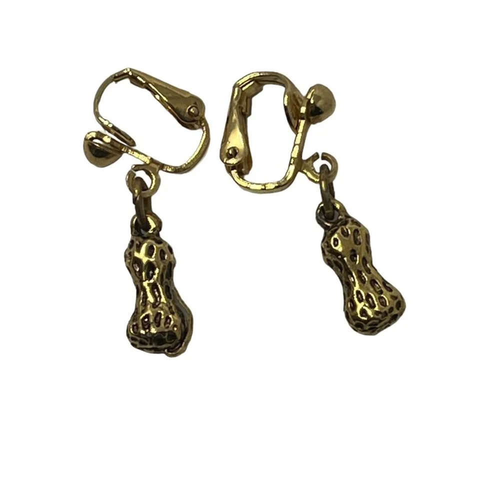Vintage Peanut Clip On Earrings‎ Gold Tone Dangle Drop